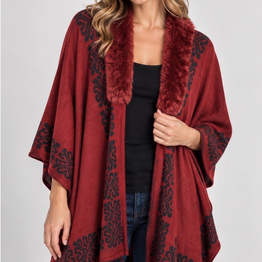 Jon & Anna One Size Red Black Faux Fur Collar Cape Poncho Boho Western Wrap